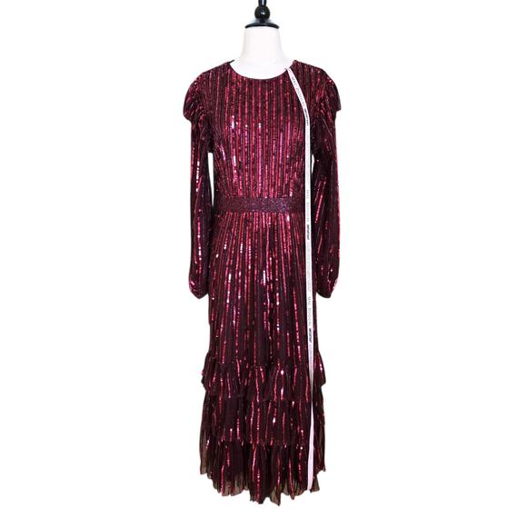 Mac Duggal 23003 Burgundy Sequin Midi Ruffle Long Sleeve Formal Gown 12 - Picture 2 of 8